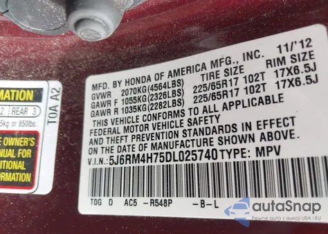 2013 Honda Cr-V Ex-L from USA, damaged, VIN 5J6RM4H75DL025740